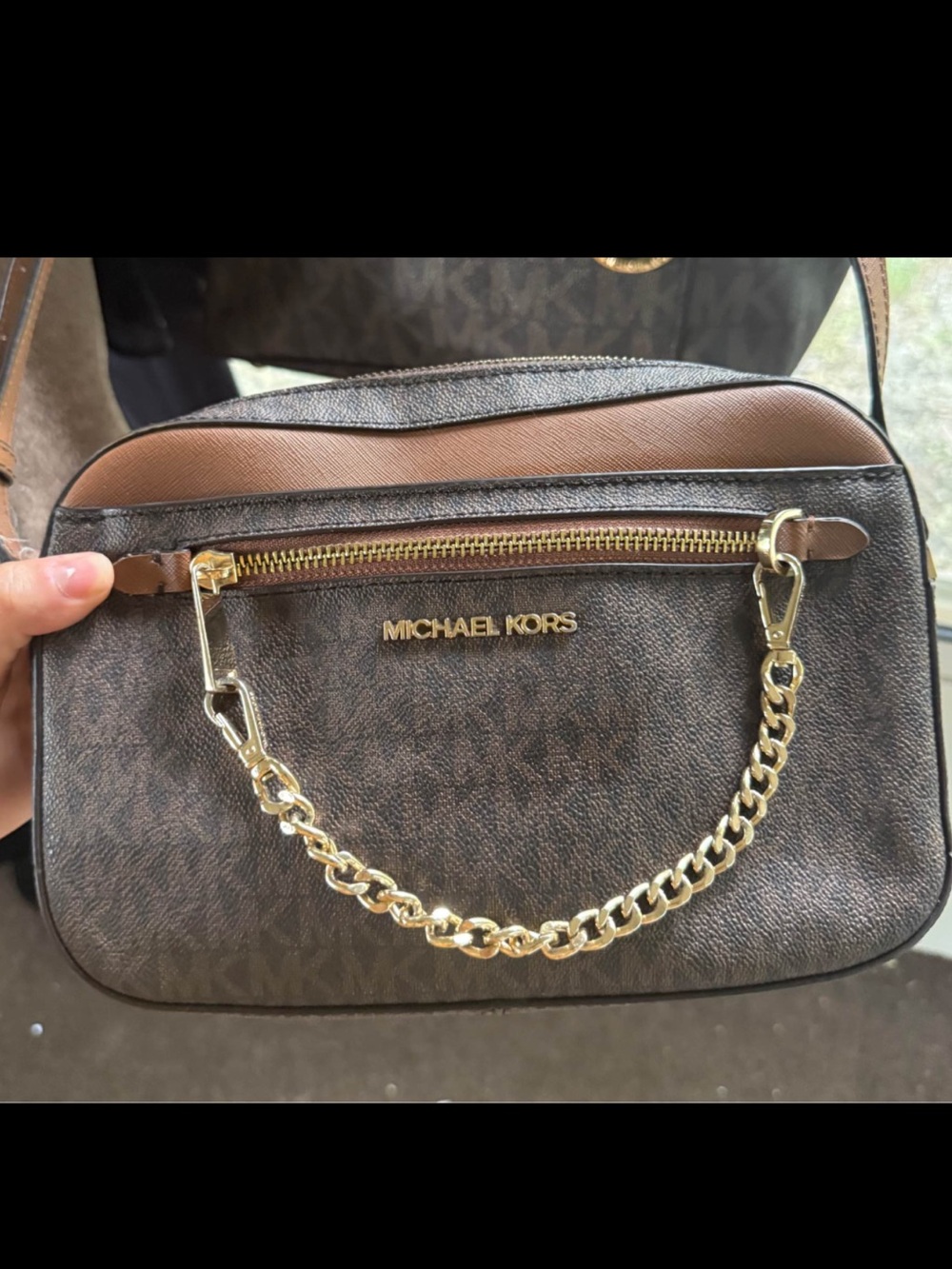 Michael Kors Brown Logo Crossbody with Gold Chain Accent
